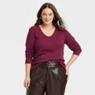 Women's Plus Size Long Sleeve Ribbed Scoop Neck T-shirt - A New Day Burgundy