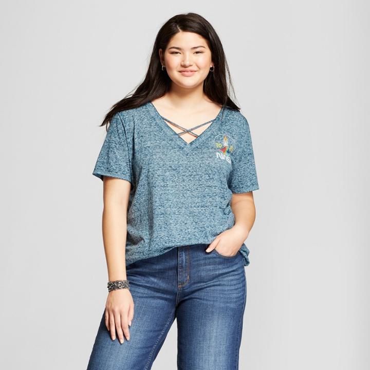 Zoe+liv Women's Nasa Plus Size Short Sleeve Criss Cross V-neck Graphic T-shirt (juniors') Turquoise
