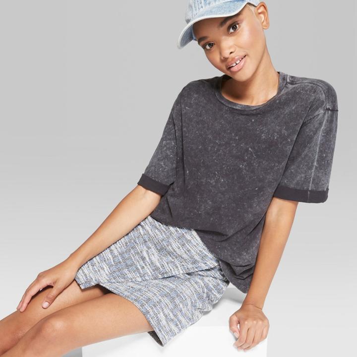 Women's Basic Sleeve Washed Crew Neck Oversized T-shirt - Wild Fable Black