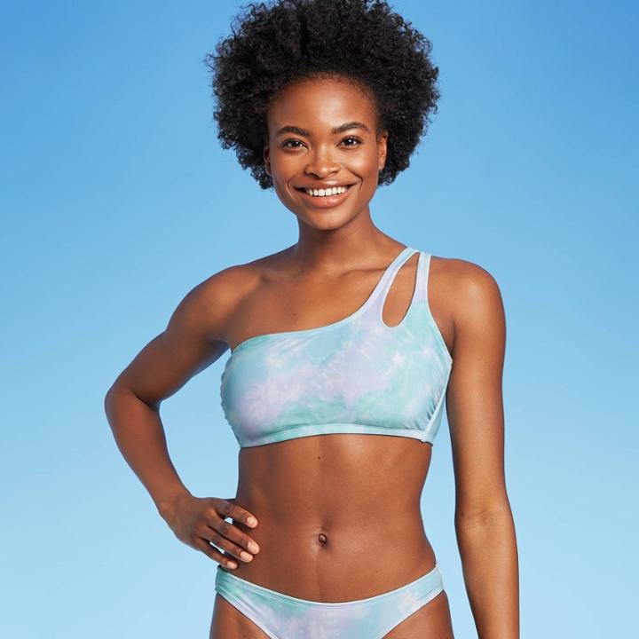 Juniors' One Shoulder Bikini Top - Xhilaration Multi Tie-dye D/dd Cup, Blue/pink/white
