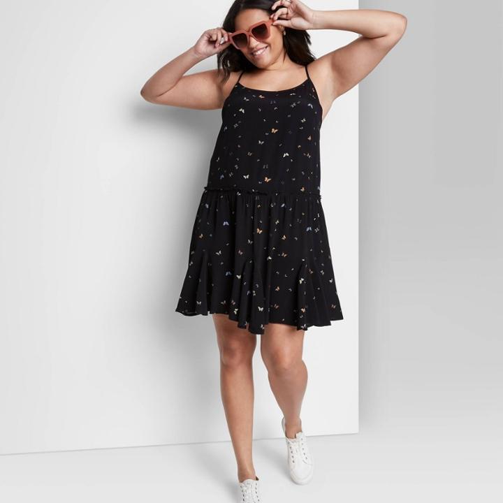 Women's Plus Size Sleeveless Trapeze Swing Dress - Wild Fable Black Butterfly Print