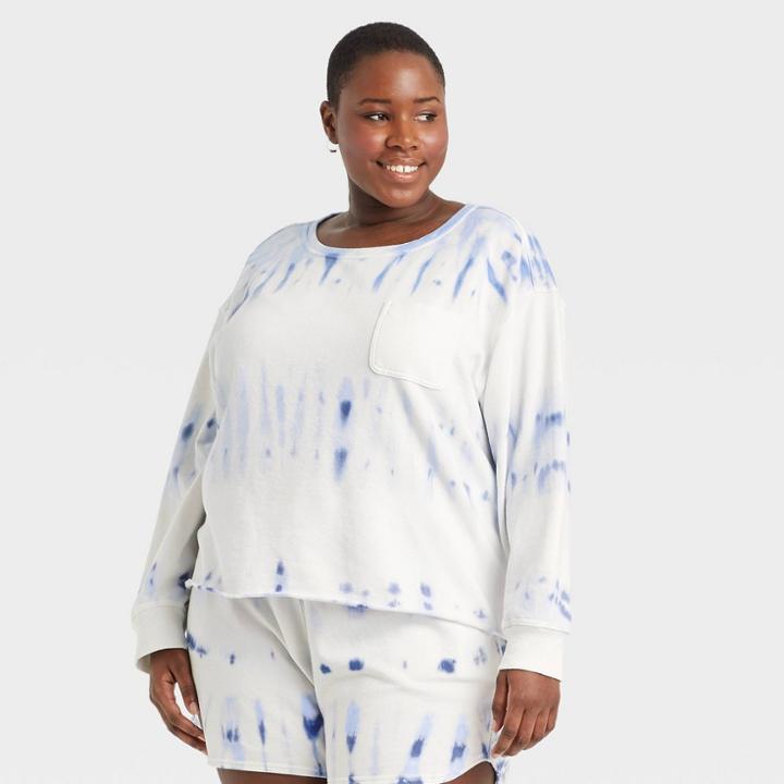 Women's Plus Size Tie-dye French Terry Sweatshirt - Universal Thread Blue/white