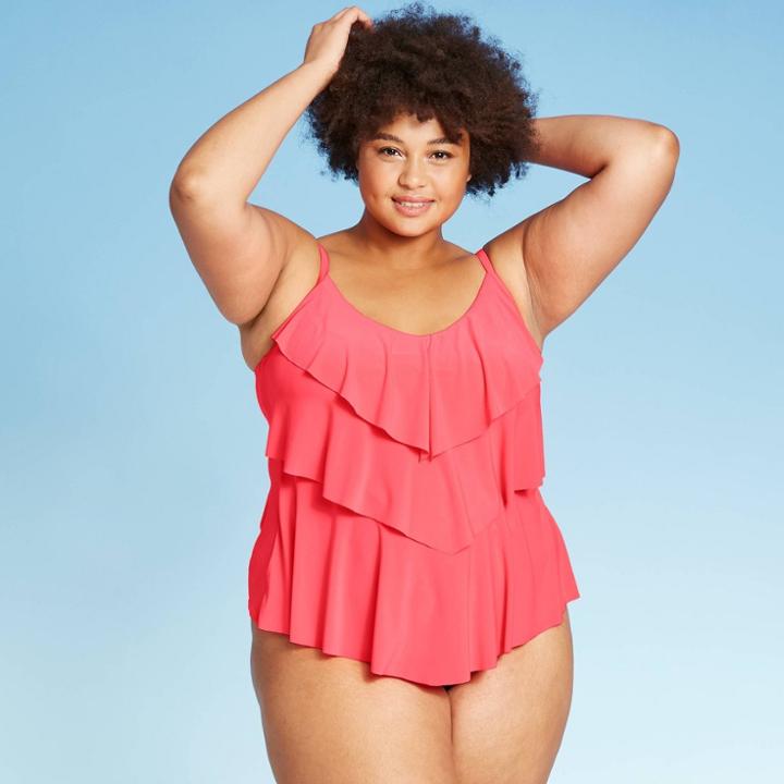 Women's Plus Size Tiered Tankini Top - Aqua Green Red