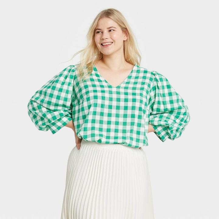Women's Plus Size Gingham Check 3/4 Sleeve Voile Top - A New Day Green