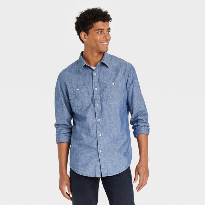 Men's Standard Fit Stretch Long Sleeve Button-down Shirt - Goodfellow & Co Deep Blue