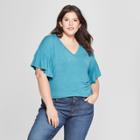 Women's Plus Size V-neck Ruffle Short Sleeve T-shirt - Ava & Viv Turquoise Heather X, Blue