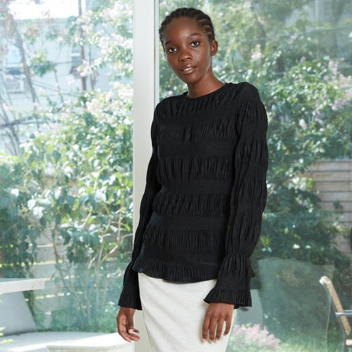 Women's Ruffle Long Sleeve Crinkle Blouse - Prologue Black