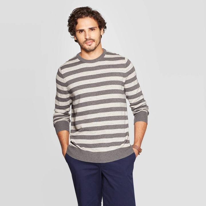 Men's Striped Standard Fit Crew Neck Sweater - Goodfellow & Co Gray