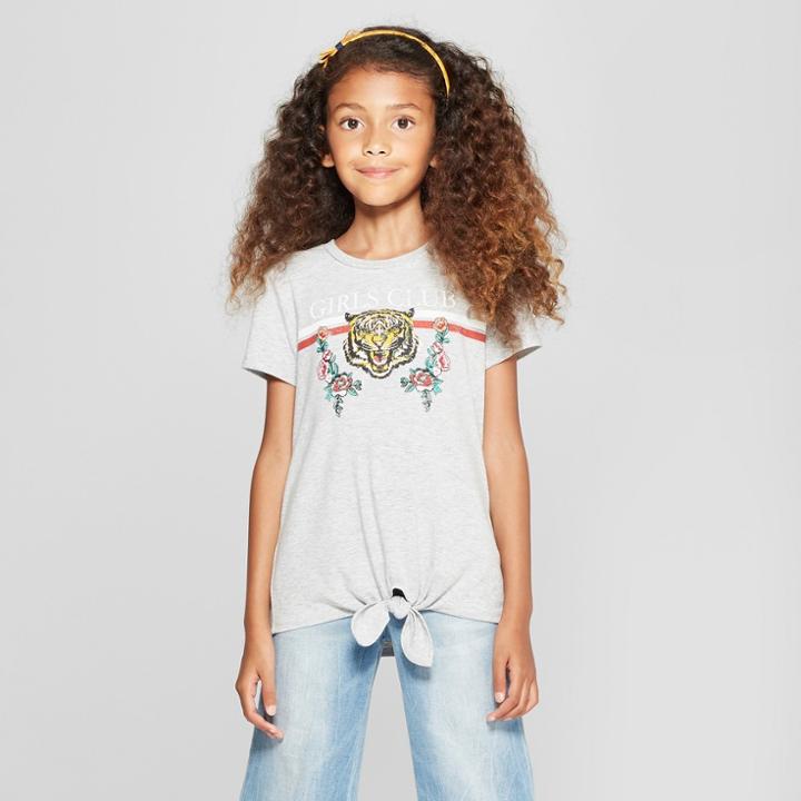 Girls' Graphic Front Tie Short Sleeve T-shirt - Art Class Gray