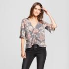 Eclair Women's Floral Print Drawstring Knit Top With Ruffle Sleeves - Clair Gray