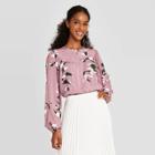 Women's Floral Print Long Sleeve Button-front Blouse - A New Day Purple