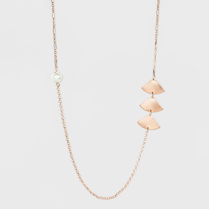 Two Faux Pearls And Six Triangle Charms Long Necklace - A New Day Rose Gold
