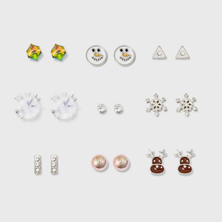 Target Square Stone, Snowman, Triangle, Pave Bar And Ball Button Earring Set 9ct,