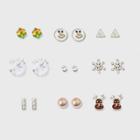 Target Square Stone, Snowman, Triangle, Pave Bar And Ball Button Earring Set 9ct,