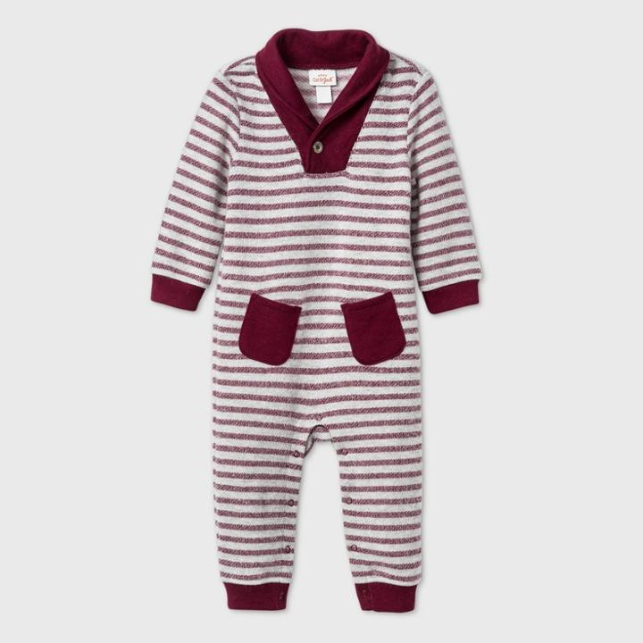 Baby Boys' Striped Cozy Elevated Romper - Cat & Jack Burgundy Newborn, Red