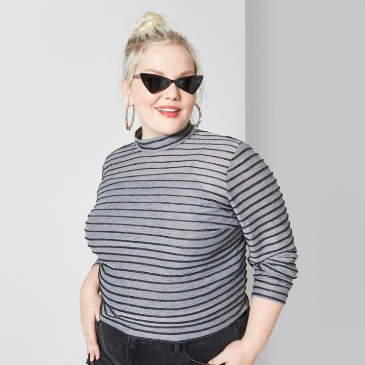 Women's Plus Size Striped Long Sleeve Glitter Crop Mock Neck Top - Wild Fable Heather Gray