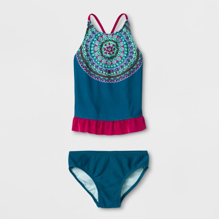 Girls' Paisley Daisies Tankini Set - Art Class Teal