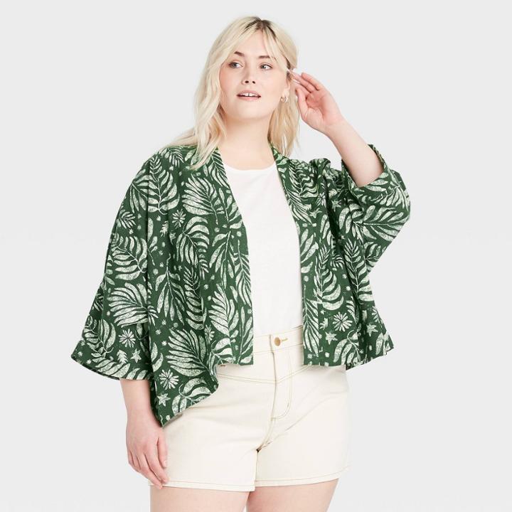 Women's Plus Size Floral Print Cropped Jacket - Universal Thread Olive One Size, Green