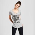 Petitewomen's Target Is My Happy Place Short Sleeve Cross Front Drapey Graphic T-shirt - Awake Gray