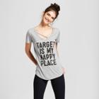Petitewomen's Target Is My Happy Place Short Sleeve Cross Front Drapey Graphic T-shirt - Awake Gray