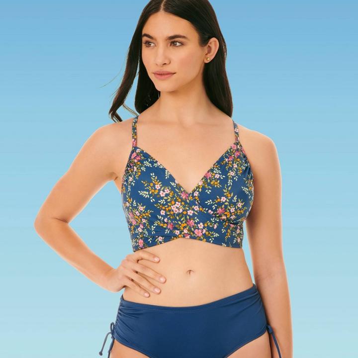 Women's Slimming Control Wrap Front Bikini Top - Beach Betty By Miracle Brands Blue Floral S, Women's,