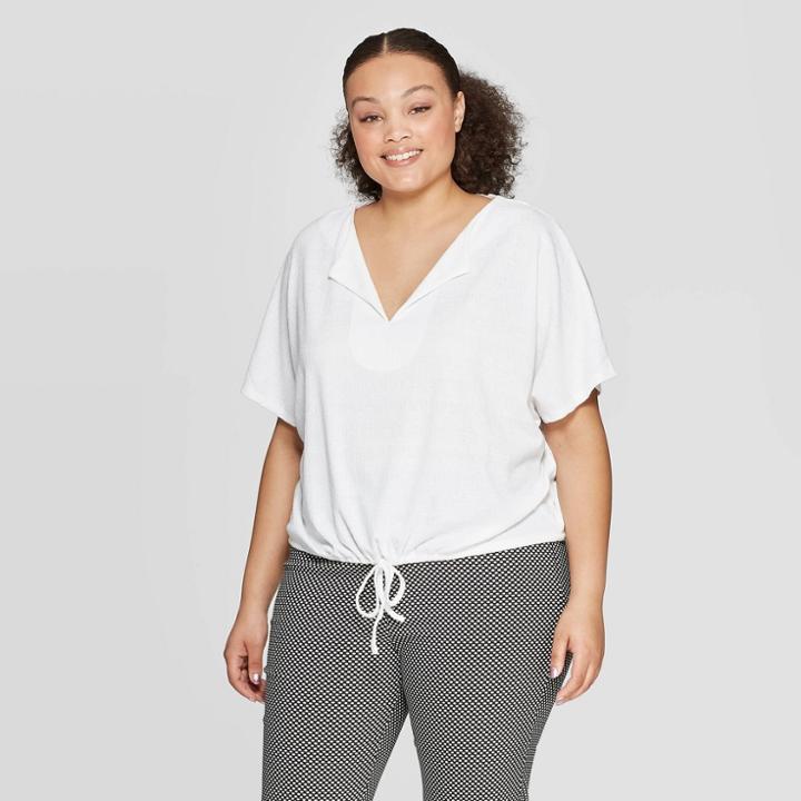 Women's Plus Size Short Sleeve V-neck Textured Knit T-shirt - Who What Wear White
