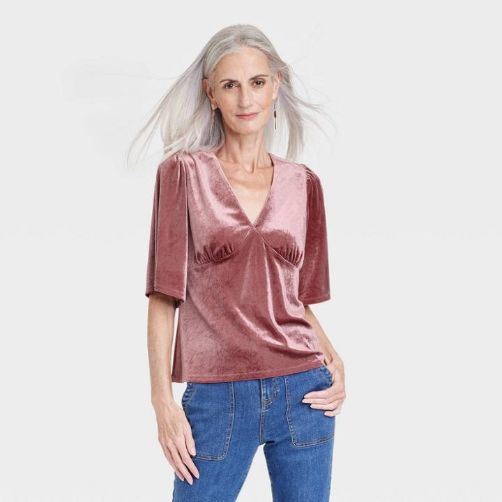 Women's Elbow Sleeve Velvet Blouse - Knox Rose Rose Pink