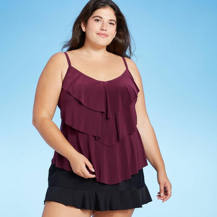 Women's Plus Size Tiered Tankini Top - Aqua Green Currant Red