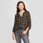 Women's Plaid Long Sleeve Knot To Woven Top - Knox Rose Olive