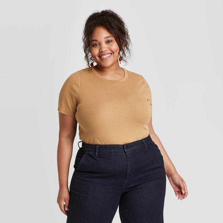 Women's Plus Size Short Sleeve Rib T-shirt - A New Day Brown