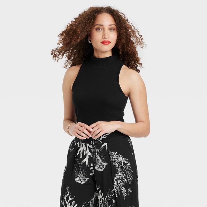 Women's Slim Fit Mock Neck Tank Top - A New Day Black