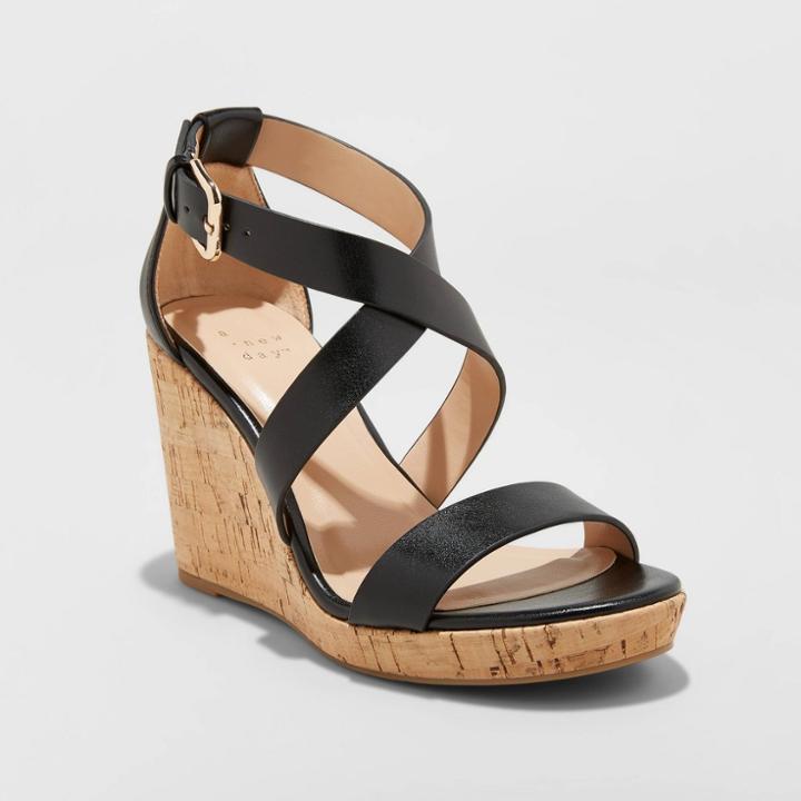 Women's Cecilia Faux Leather Cork Bottom Strappy Wedge Pumps - A New Day Black