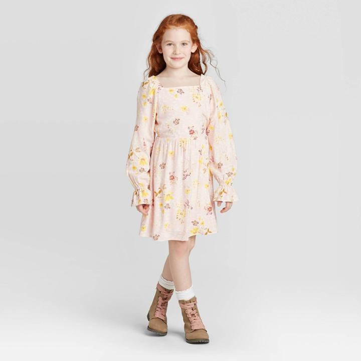 Girls' Long Sleeve Square Neck Dress - Art Class Pink S, Girl's,