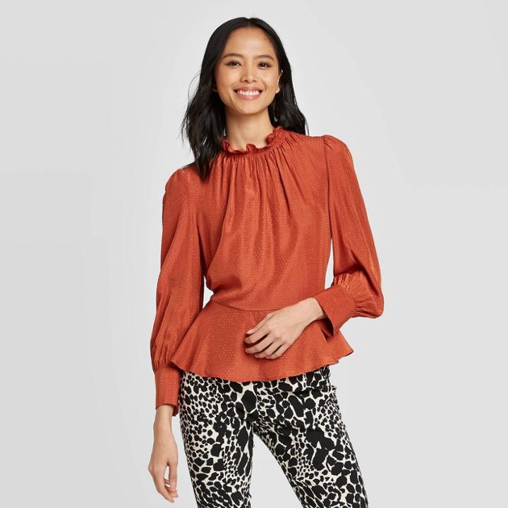 Women's Long Sleeve Shirred Ruffle High Neck Blouse - Who What Wear Red