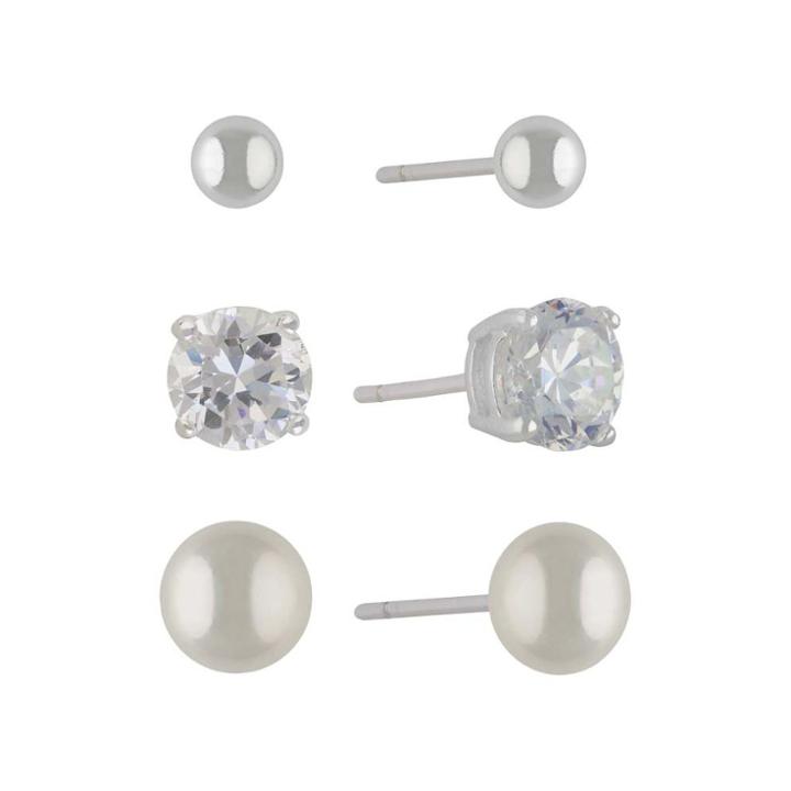 Target Sterling Silver Set Of Three Cubic Zirconia Fresh Pearl And Ball Button Earring