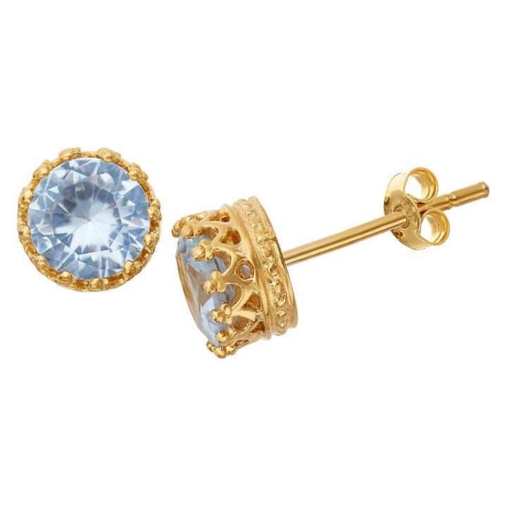 Tiara 6mm Round-cut Aquamarine Crown Earrings In Gold Over Silver, Girl's, Aquamarine/yellow