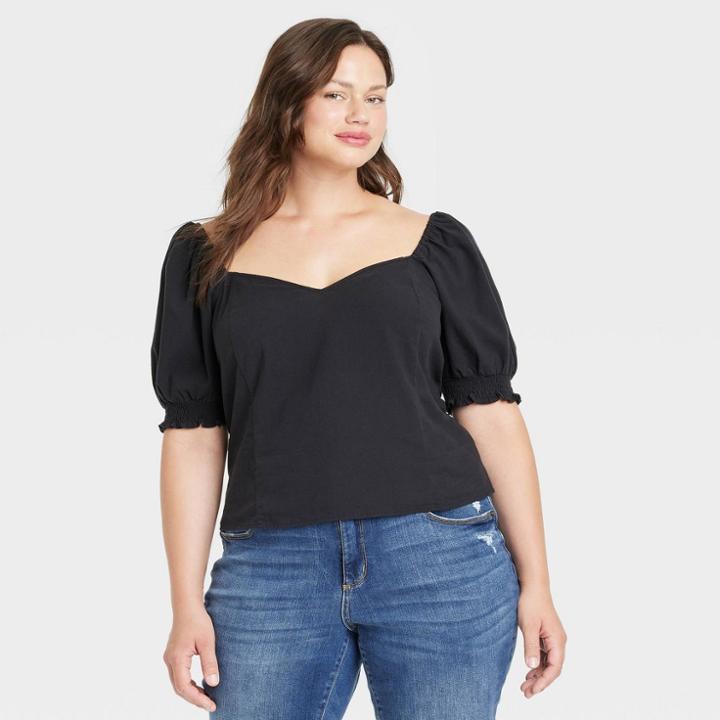 Women's Plus Size Puff Elbow Sleeve Blouse - Ava & Viv Black