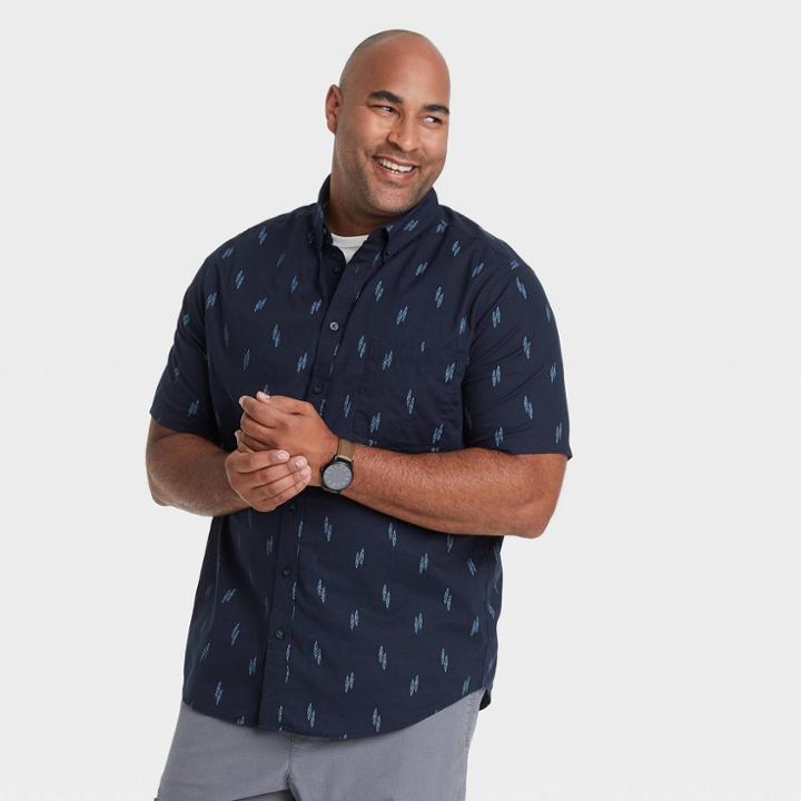 Men's Big & Tall Printed Standard Fit Stretch Poplin Short Sleeve Button-down Shirt - Goodfellow & Co Blue Velvet