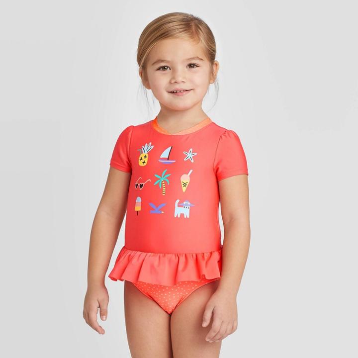 Petitetoddler Girls' Icon Story Short Sleeve One Piece Rash Guards - Cat & Jack Hawaiian Coral 4t, Toddler Girl's, Orange