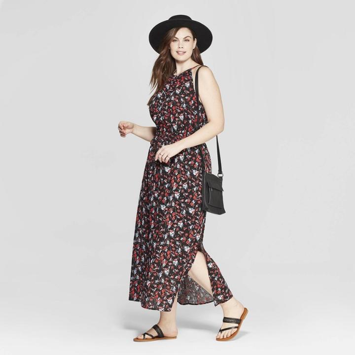 Women's Plus Size Floral Print Sleeveless Crew Neck Maxi Dress - Universal Thread Black X