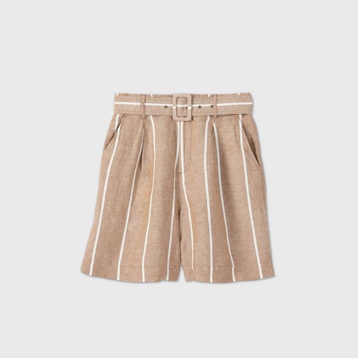 Women's Striped Belted High-rise Shorts - A New Day Tan