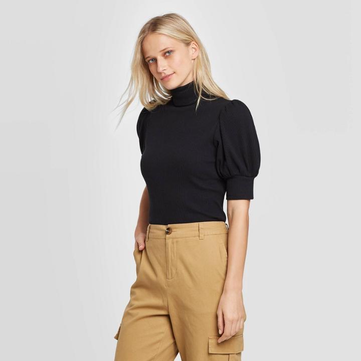 Women's Puff Elbow Sleeve Turtleneck T-shirt - Who What Wear Black