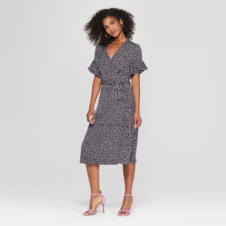 Women's Polka Dot Short Sleeve Wrap Midi Dress - Who What Wear Black/white Xs, Black/white Polka Dot