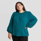 Women's Plus Size Puff Long Sleeve Button-front Blouse - Universal Thread Teal