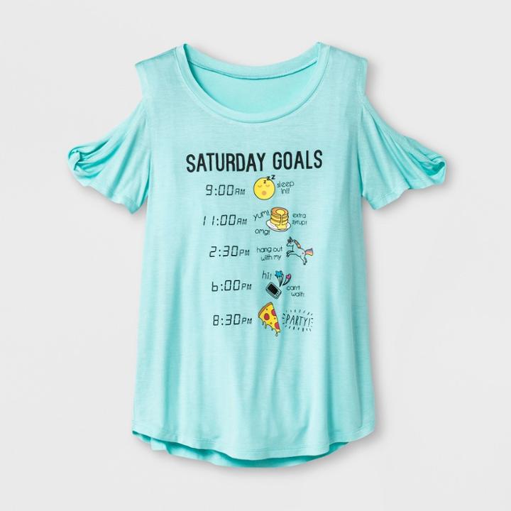 Grayson Social Girls' Saturday Goals Emojis Cold Shoulder Short Sleeve T-shirt - Teal