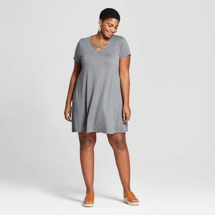 Women's Plus Size Cross Front T-shirt Dress - Ava & Viv Heather Gray X