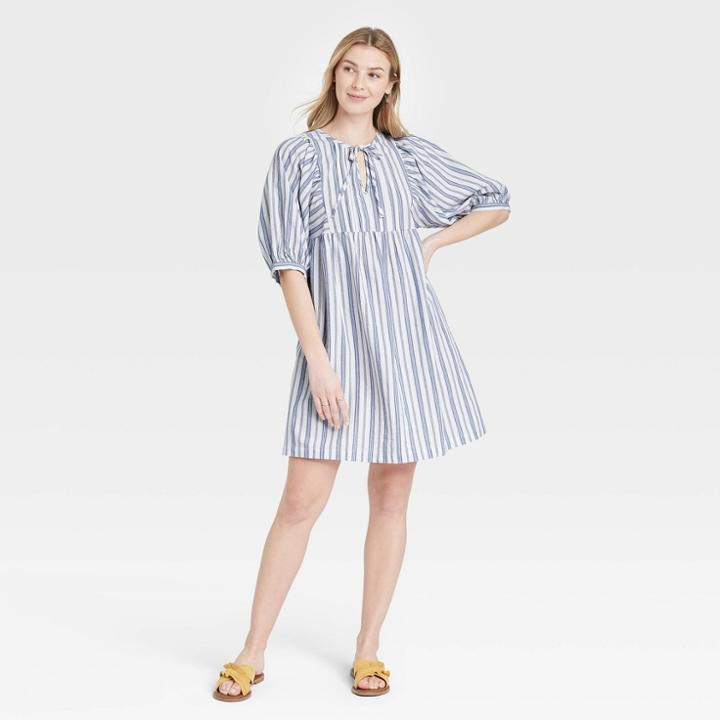 Women's Striped Puff Long Sleeve Babydoll Dress - Universal Thread Blue