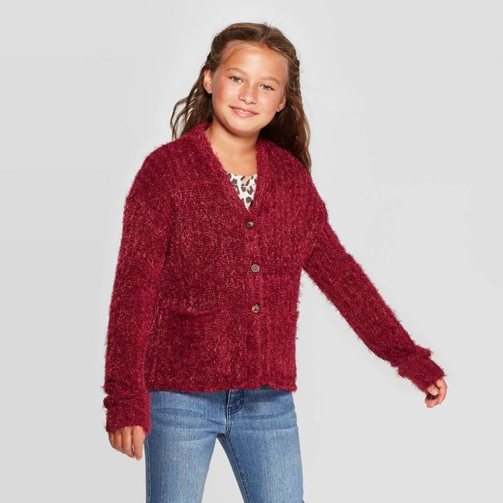 Girls' Button Front Cardigan - Art Class Red L, Girl's,