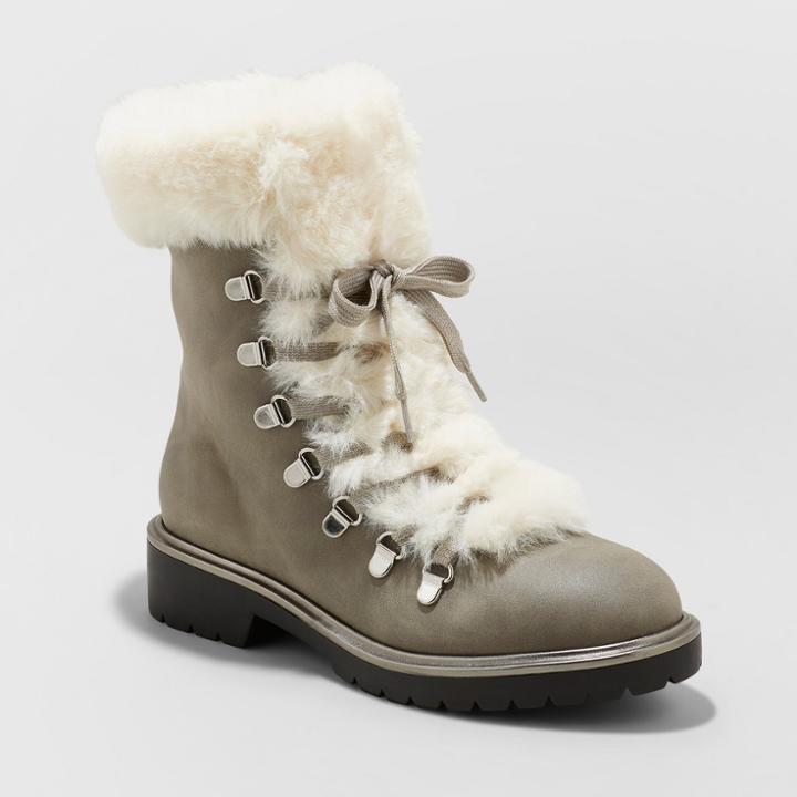 Women's Neveah Faux Fur Lace Up Boots - A New Day Gray