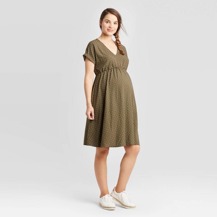 Maternity Polka Dot Cuff Short Sleeve Fit & Flare Midi Dress - Isabel Maternity By Ingrid & Isabel Olive Xs, Women's, Green